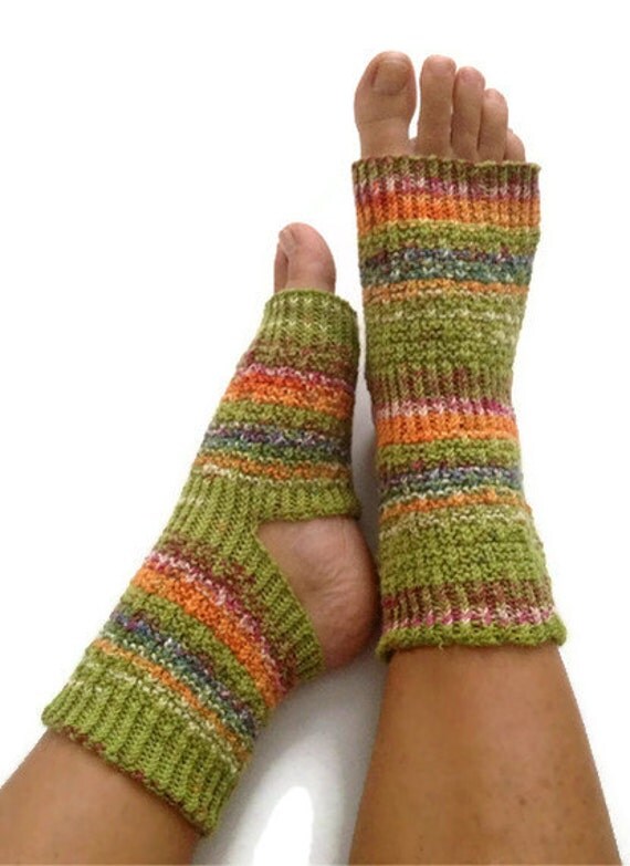 Toeless Yoga Socks Hand Knit in Green and Orange by MadebyMegShop