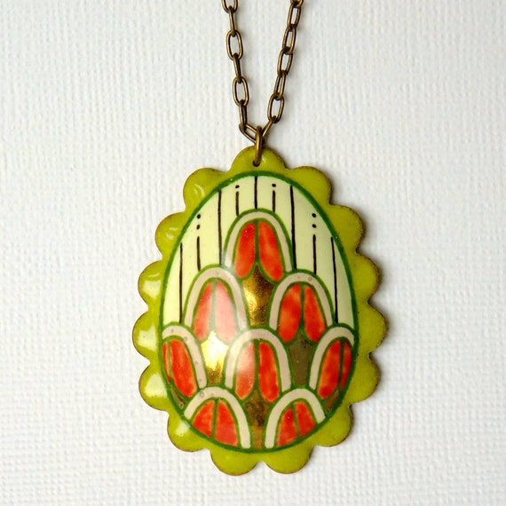 Large Enamel Pendant Necklace - Pysanky Egg Jewellery - Bitter Green II