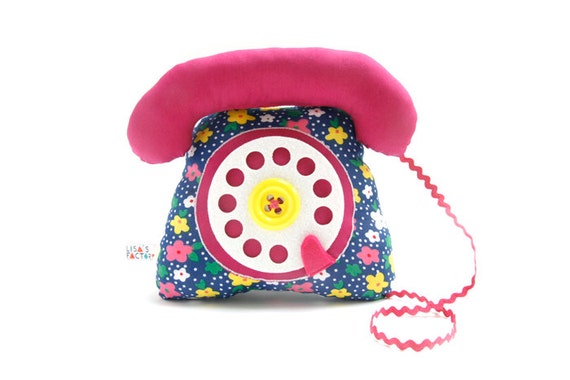 dial telephone play cushion velcro handset fuchsia flowers pattern - telephone à cadran combiné avec velcro fuchsia fleurs