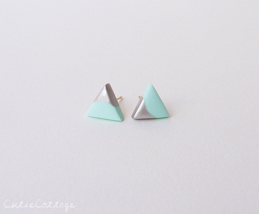 Mint - Silver Dipped Triangle Stud Earrings