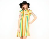 Vintage M Boho Green Orange Yellow Striped Keyhole Neck Mini Tent Hippie Dress