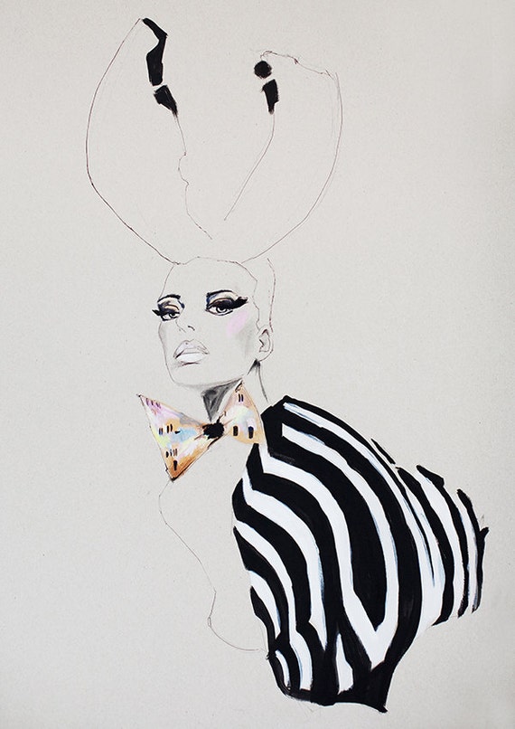 Fashion illustration, acrylic painting, girl with antlers, zebra print, makeup, black and white, dickie bow