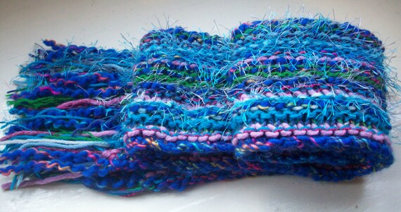 Fun hand knit scarf designer multiyarn  blue by SpinningStreak