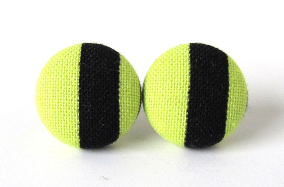 Stud earrings neon fluorescent lime green black by KooKooCraft