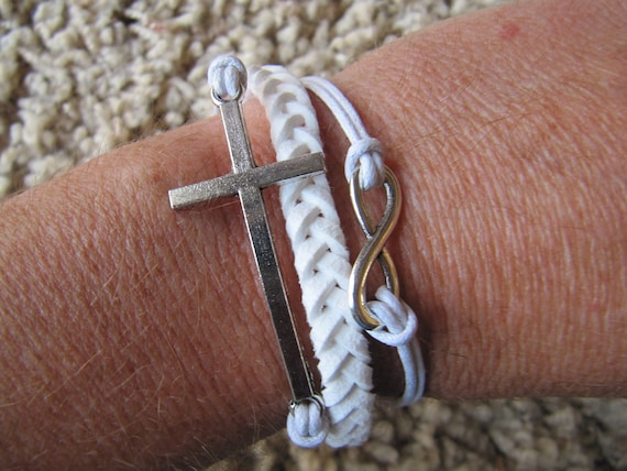 USA Seller - White Silver Cross Love and Infinity Heart Charm Wrap Bracelet