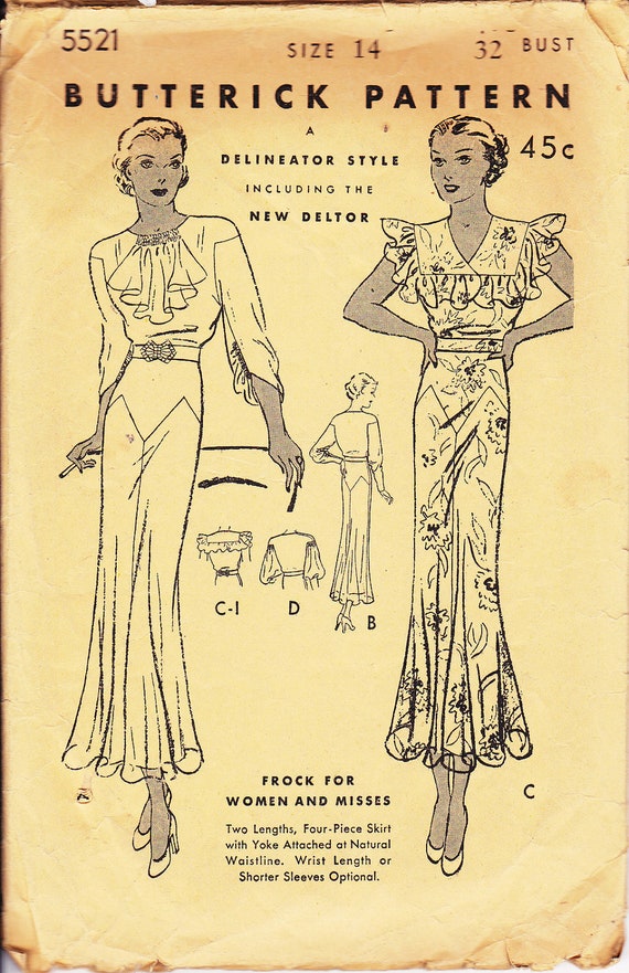 Amazing 1930s dress sewing pattern beautiful sleeves and jabot Butterick 5521 Size 14