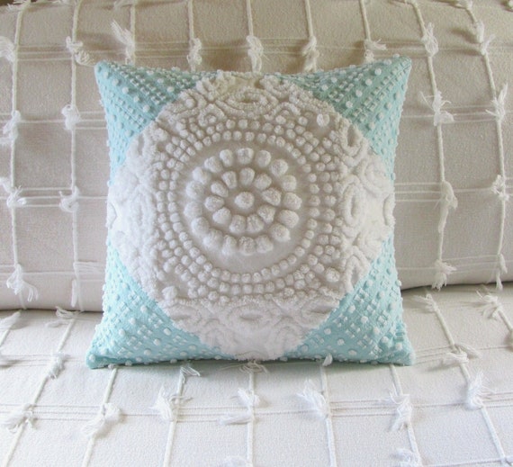 Cushion cover WHITE TARGET chenille pillow cover 14 X 14  white chenille aqua pillow