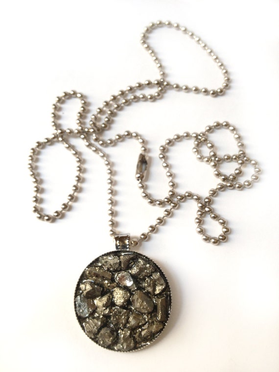 Pyrite Chunk Chain, raw druzy silver pendant ball mica fool's gold