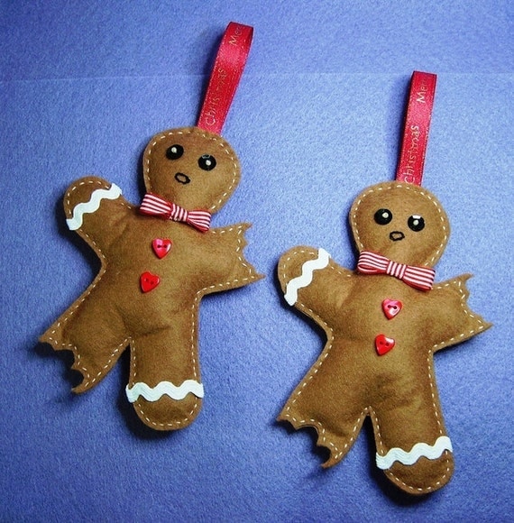 Handmade Hanging Felt Bitten Gingerbread Man by pollypurplehorse