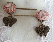 Butterfly Bobbi pin set, pink cameos in bronze filigree settings with bronze butterfly charms