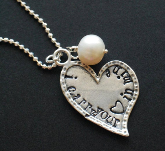 Hand Stamped Sterling Silver Necklace "I carry your heart in mine"