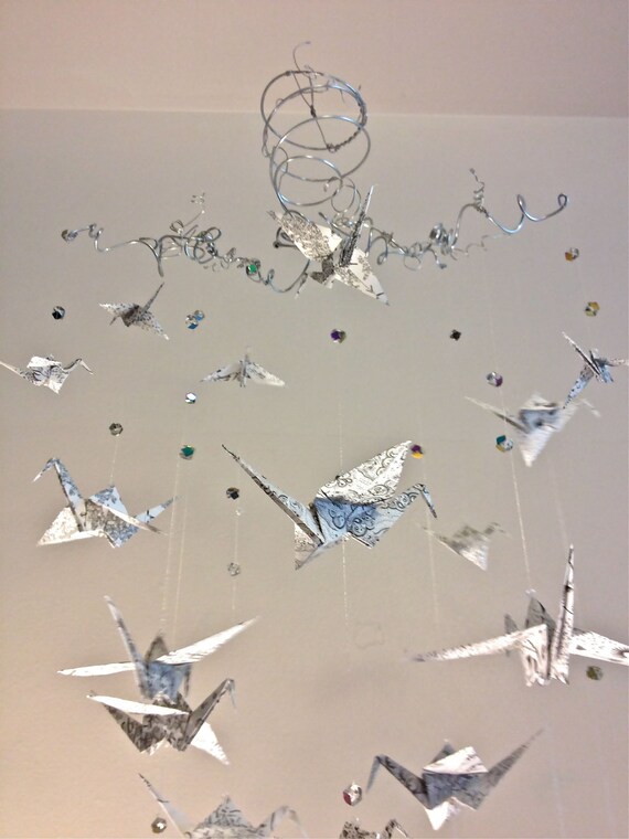 Origami Cranes Hanging From Wire Branches by BetweenTheSpectrum
