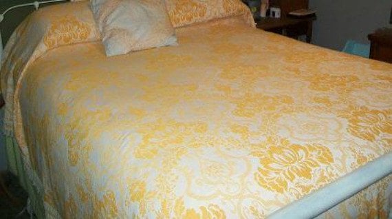 Mid Century Bohemian Orange Jacquard  Damask Bedspread with Fringe