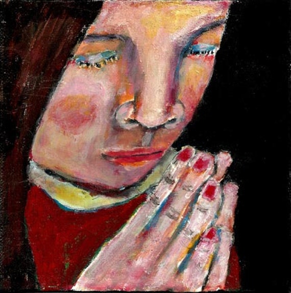 Acrylic Portrait Painting Original Religious Spiritual Prayer Praying Hands 6x6 canvas board little girl No 6