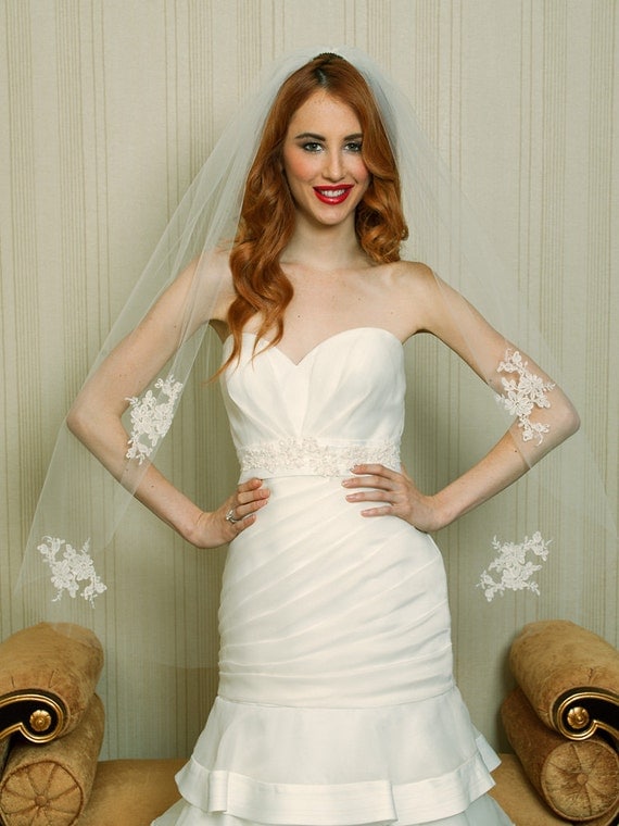 New - Wedding Veil - Handmade Fingertip Length Veil with Bridal Lace Appliques - made to order