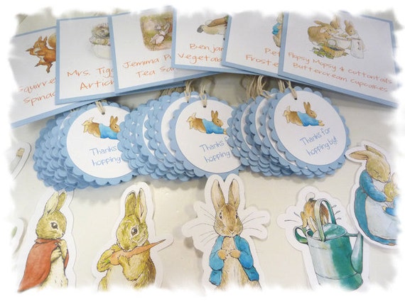 PETER RABBIT Beatrix Potter Party Package 3 - Food Table Signs, Favor Tags, Cutout Characters, Name Banner, Bunting