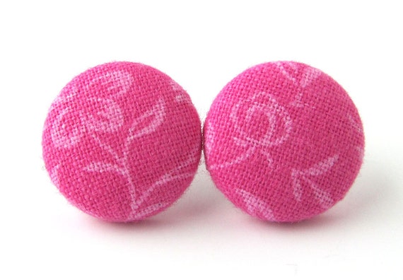 Pink button earrings  studs small tiny flower by KooKooCraft