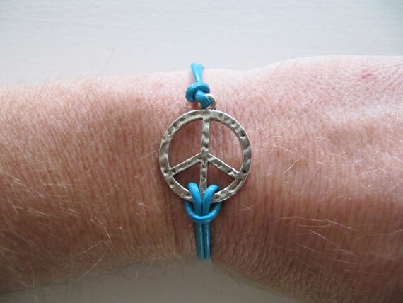 Silver Peace and Turquoise Leather Single Wrap Bracelet
