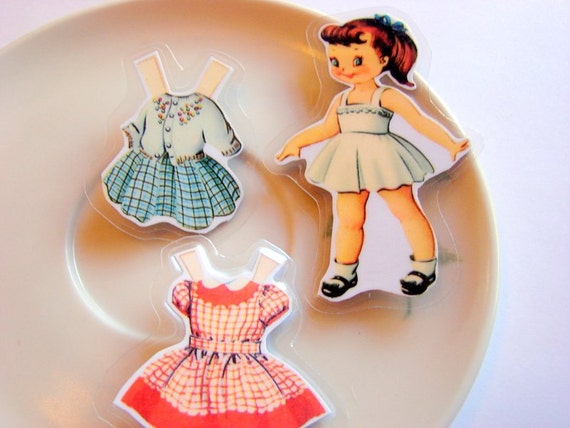 Laminated Pin Set  Paper Doll with a Red Gingham by mimiandlucy