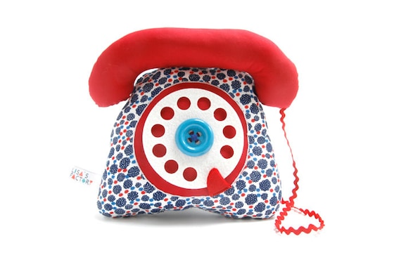 dial telephone play cushion velcro handset marine blue red flowers pattern - telephone à cadran combiné avec velcro bleu marine rouge fleurs