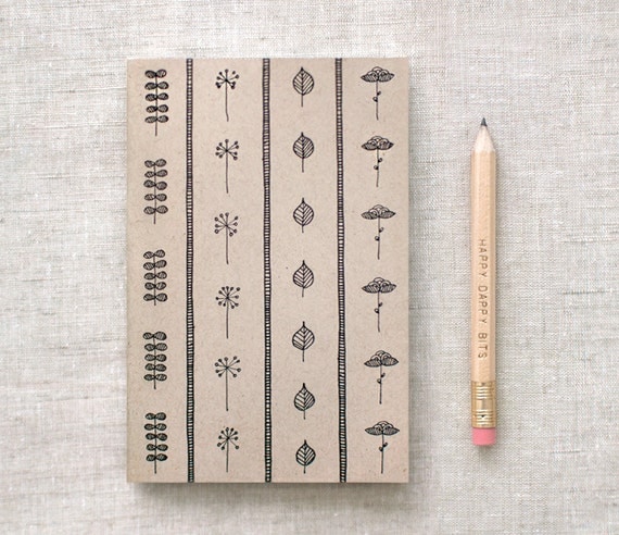 Gardening Journal with Pencil, Recycled Sketchbook - Brown, Black, Hand Drawn, Botanical - Stocking Stuffer
