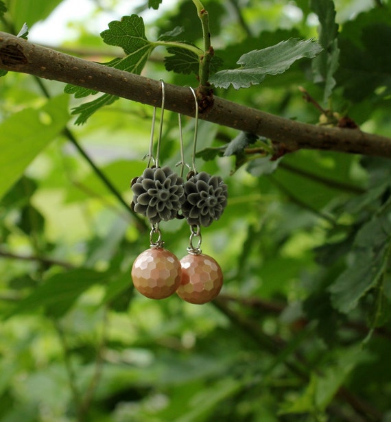 Flower Earrings Grey Peach Wedding Bridesmaid Jewelry