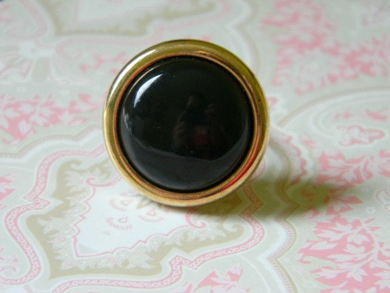 Vintage Button Ring - (black and gold button & silver band)