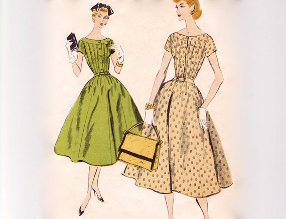 Vintage 1950s Sewing Pattern - Short or 3/4 Sleeve Dress with Pin Tucked Bodice & Full Skirt, Outside Dart Detail - 1958 Vogue 9040, Bust 34