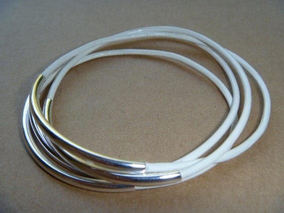 White Leather Silver Tube Bangle Bracelet Set of 4