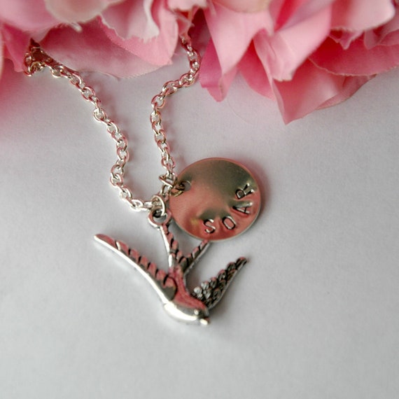 Hand Stamped Necklace -Soar - Bird Swallow - Nickel Silver Personalized Jewelry