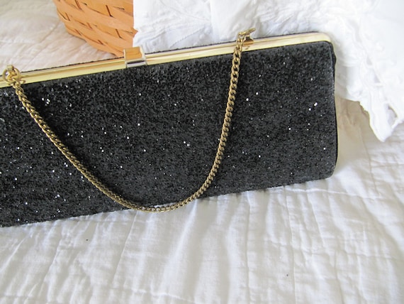 SALE Mid Century Black Clutch Purse - Vintage Glitter Clutch - Vintage Evening Bag - Black Clutch