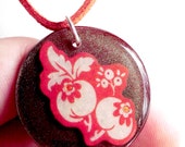 Vintage Style Resin Pendant Berry Suede Sterling Silver Necklace Red Orange Berry Floral Brown Resin