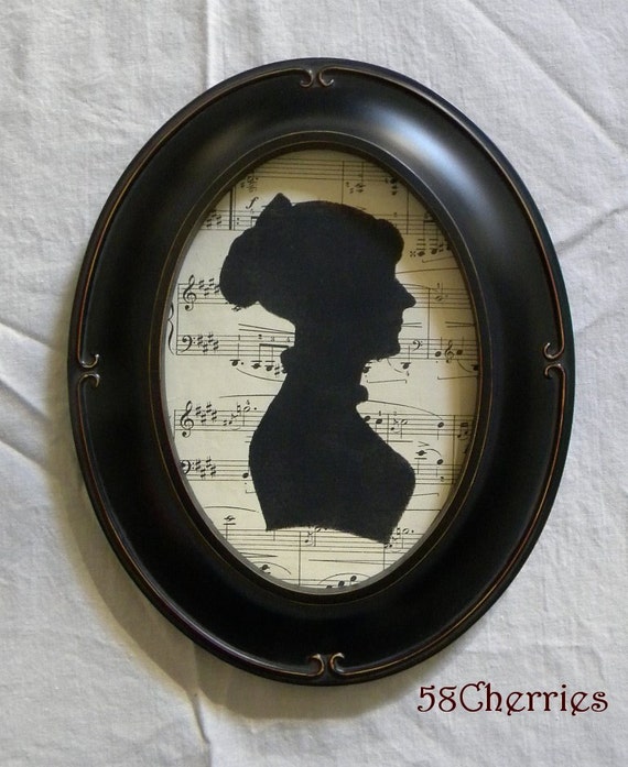 Vintage Style Oval Framed Jane Austen Silhouette on Antique Sheet Music - Shabby Chic Decor