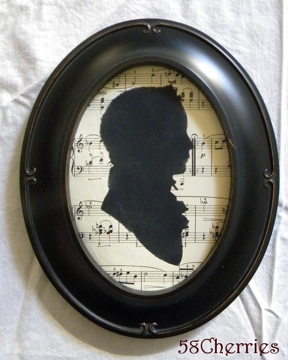 Vintage Style Oval Framed Jane Austen Style Silhouette on Antique Sheet Music - a Young Boy - Shabby Chic Downton Abbey Decor