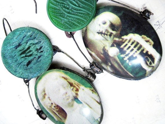 Free Shipping Sale. Ask All. Rustic Green Cabochon Earrings with vintage buttons.