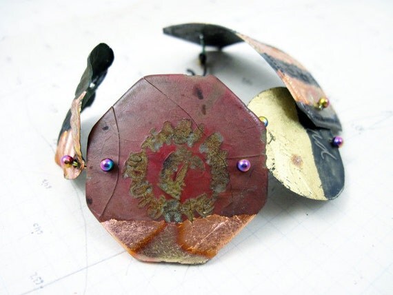 Your Own Myth. Cosmic Gypsy Iridescent Assemblage Bracelet Cuff with gold leaf, vintage antique found objects.