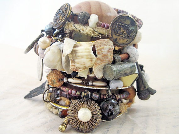 The Lining of the World. Rustic Tribal Gypsy Assemblage Bangle Stack in Grey/Amber/Beige.