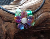 Hancrafted Flower Lampwork Pendant on Leather Cord Necklace
