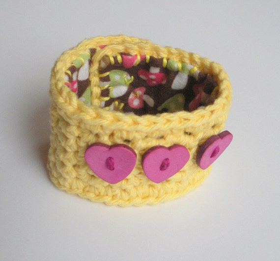 Yellow Cotton Crochet Cuff Bracelet with Pink Heart by luvbuzz