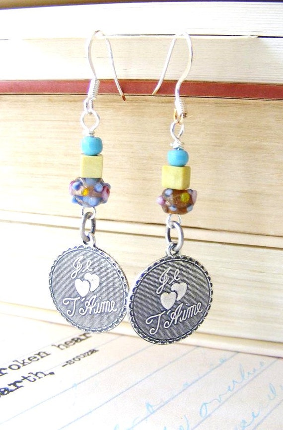 French Saying Je T'Aime Charm Earring Dangles by meiguidesigns
