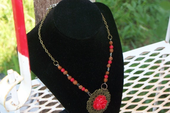 Red Rose Round Fancy Antique Bronze Filigree Chain Red Brown Bead Necklace