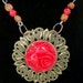 Red Rose Round Fancy Antique Bronze Filigree Chain Red Brown Bead Necklace