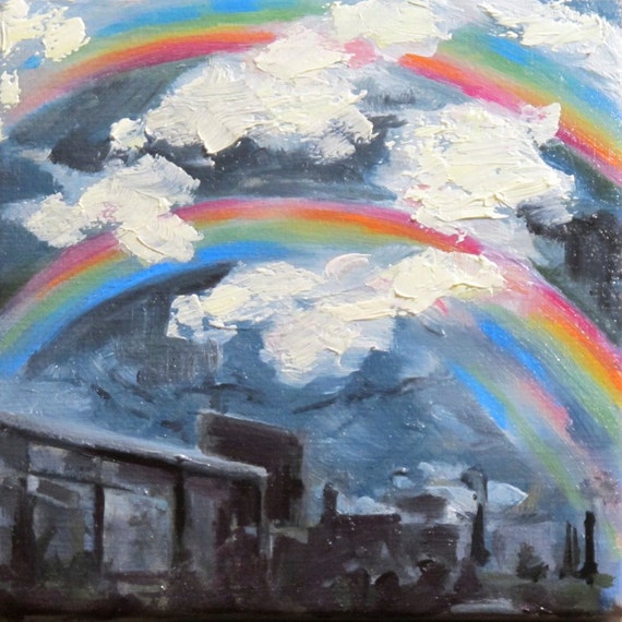 4"x4" Oil Painting -  Rainbow, Cool Blue Cloudy Day, Texture