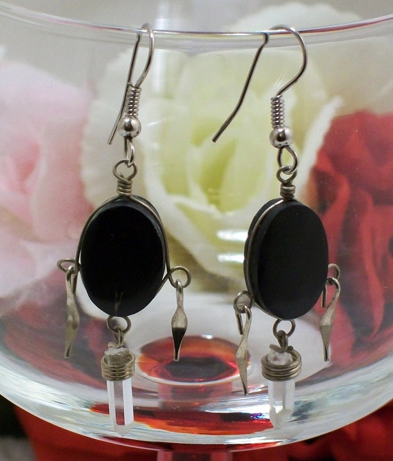 Power and Protection Black Onyx, and Crystal Sterling Silver Chandelier Earrings