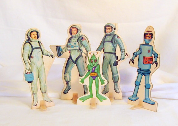 Vintage Toy Moon Astronauts Rockets Alien Characters Standees Rare Mid Century Playset Cardboard Activity Set Fun Lot