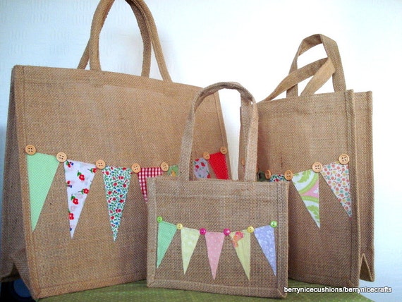 Large Hessian Shopper Tote Bag with Bunting and Button Trim Funky Shopping Bag Mothers Day