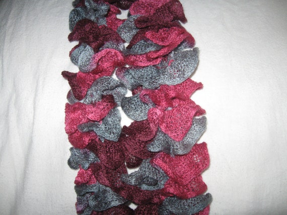 Ruffled Shades of Gray Maroon Muave Lace Yarn Hand Knitted Soft Acrylic Scarf 55 inches long