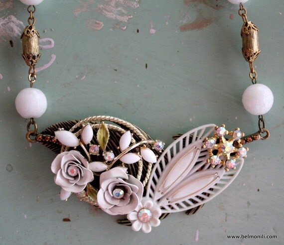 Necklace Vintage White Gold Flower Assemblage Collage Wedding Jewelry Mother's Day