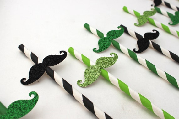 Set of 10 St. Patrick's Day Glitter Mustache Paper Straws in Green, Light Green, and Black