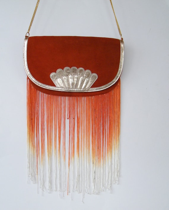 Vintage Art Deco Style Leather Fringe Bag Burnt Orange with Gold Metallic Trim